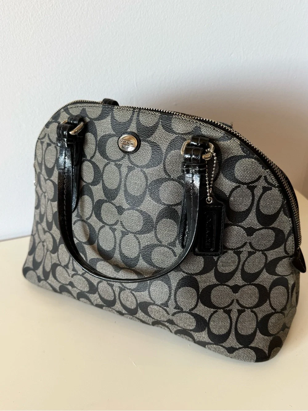 Coach Peyton Black and Tan Signature Satchel with strap